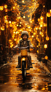 古镇街道中骑车的男孩图片