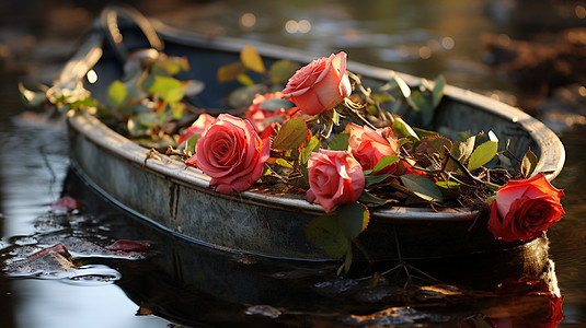 阳光下木船上的玫瑰图片