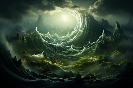 绚烂的绿色波浪与3D景观图片