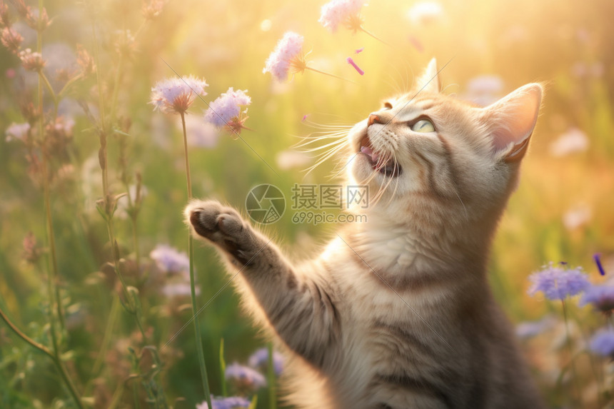 一只猫在野花地里抓蝴蝶图片