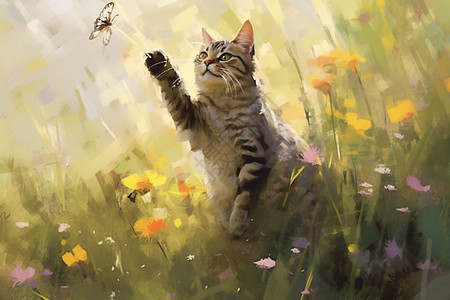 猫咪在草地上抓蝴蝶图片