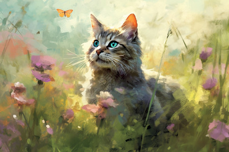 一只猫在野花地里打蝴蝶的俏皮形象图片