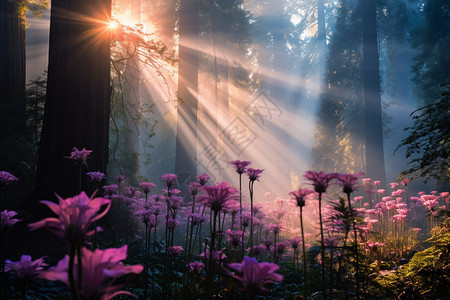 阳光照射在树木和花朵上图片