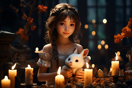 蜡烛照亮抱兔子的女孩图片
