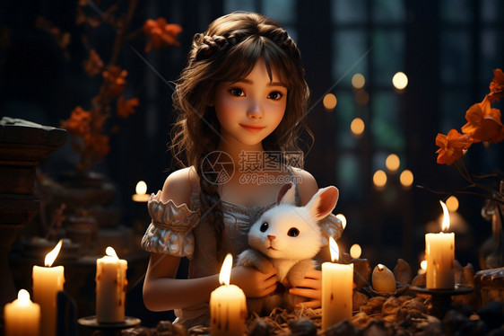 蜡烛照亮抱兔子的女孩图片