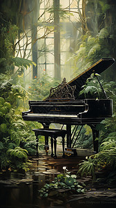 生机勃勃的钢琴房插画背景图片