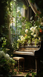 开满绿植的钢琴房图片