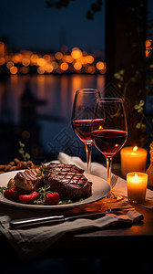 牛排红酒豪华的烛光晚餐背景