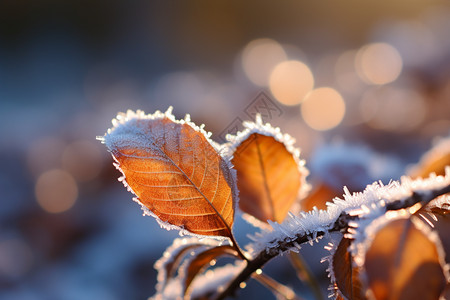 白雪覆盖闪闪发光的霜冻树叶背景