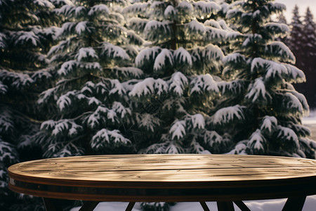 冬季户外冷杉木桌背景图片
