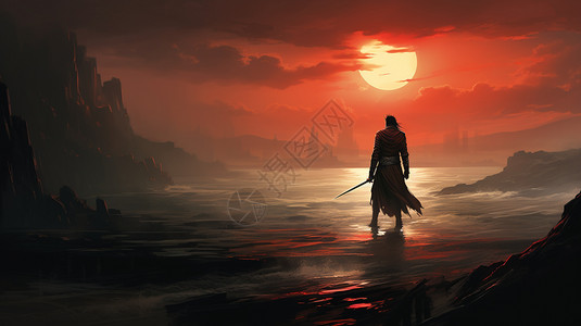 孤独战士一位剑客在水上行走插画