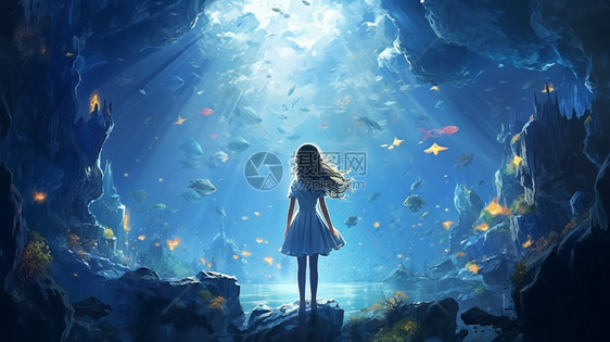 小女孩在海底世界图片