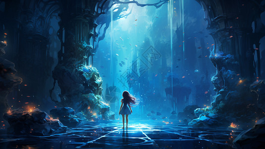 站着的小女孩，在蓝色的海底世界，白色的地板上，视觉是城堡，幻想的插图。全身，特写，细节，鲜艳的色彩，细致的线条，幻想的元素，明亮图片