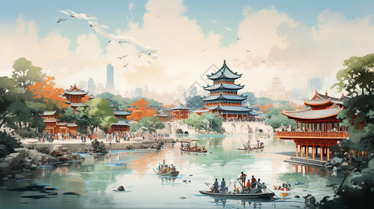 地标中国风景观手绘插图插画