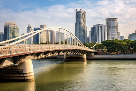 城市市中心河流上的悬索桥背景图片