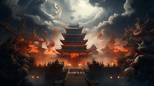 仙鹤飞舞的的云顶天宫景观背景图片