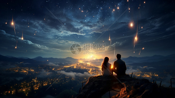 梦幻星空下山顶的情侣图片