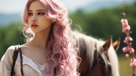 牵马的粉色头发女子图片