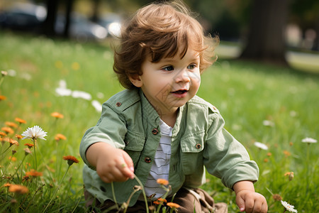 夏天公园草地上玩耍的小男孩图片