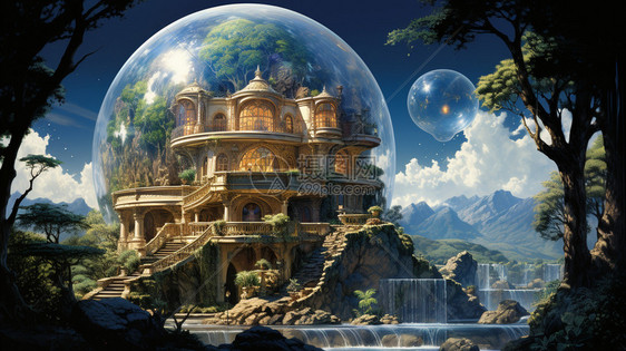 水晶球中漂浮的别墅图片