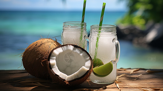 热带地区的椰子果汁图片