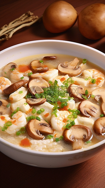 瓷碗中的蘑菇海鲜汤图片