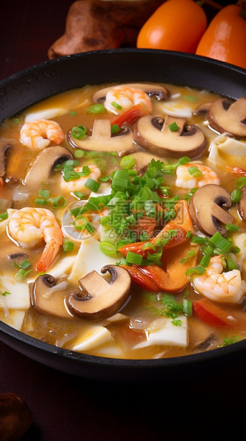 传统美食的蘑菇海鲜汤图片