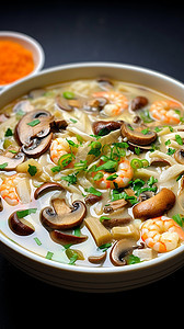 新鲜烹饪的蘑菇海鲜汤图片