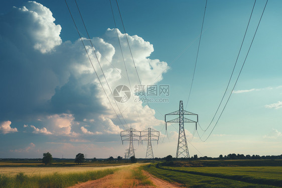 乡村田野中的电力塔图片