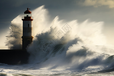 被海浪包围的灯塔图片