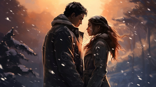 冬天漫天飘雪场景下的情侣图片