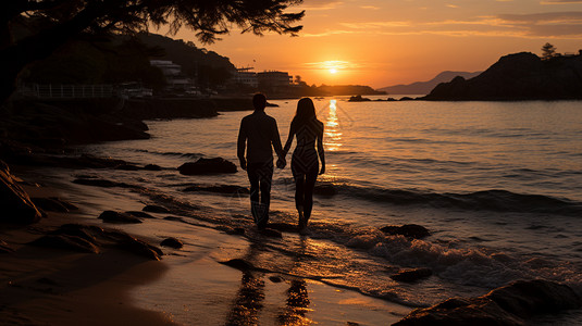 夏季海滩牵手散步的情侣图片