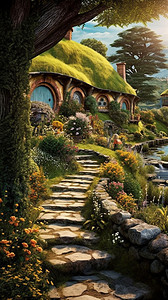 丛林中梦幻的霍比特屋背景图片