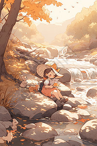河中石头上的女孩图片