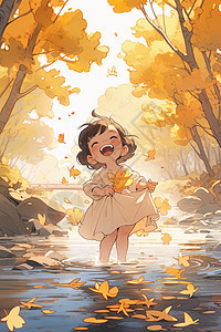 秋天小溪里的女孩图片