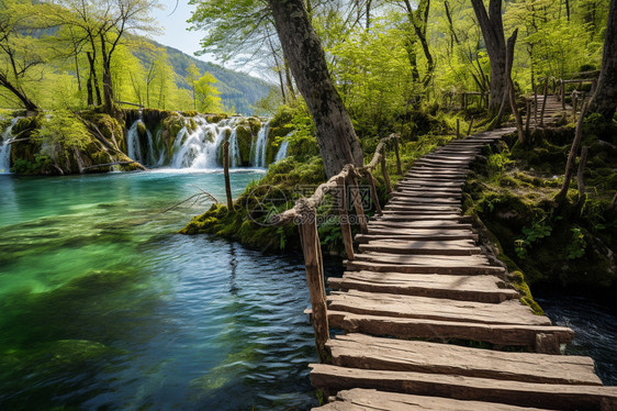 绿树环绕的瀑布木桥图片