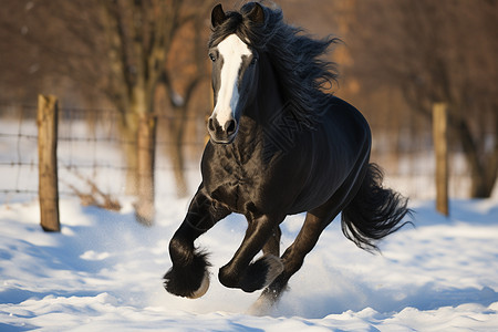 冬日中奔驰的黑马图片