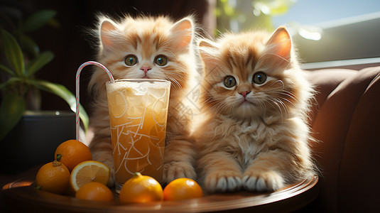 小橘猫在喝奶茶图片