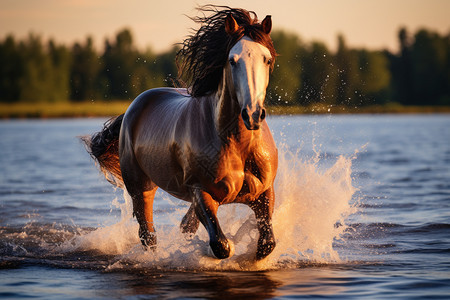 一匹马在水中奔跑图片