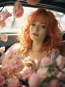 女孩坐在充满花朵的车里图片