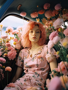 粉发少女坐在花车里图片