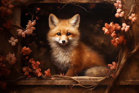 窗台上的狐狸与花朵图片