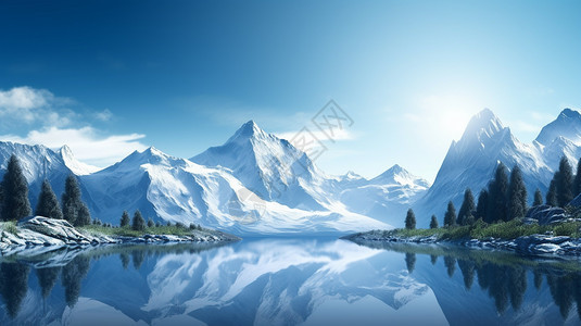 山脉前的湖泊图片
