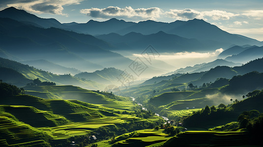 山峰下的稻田图片