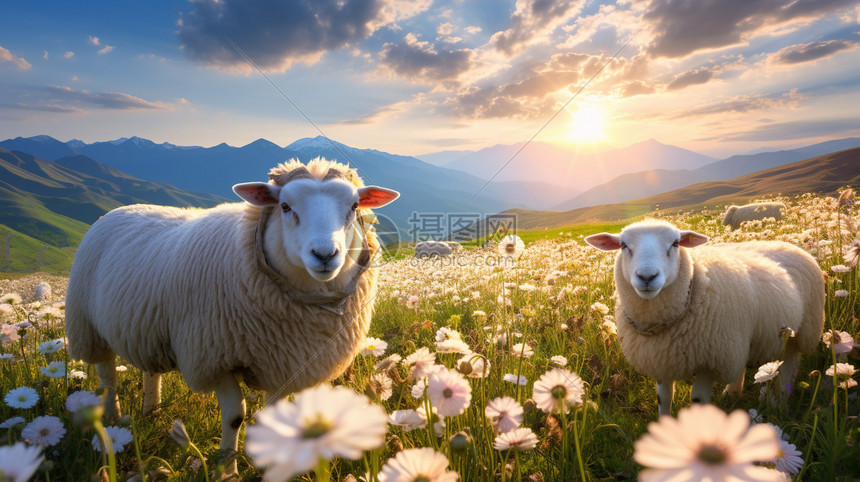 山羊在草地上吃草图片