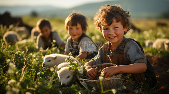孩子们在草原上放牧图片