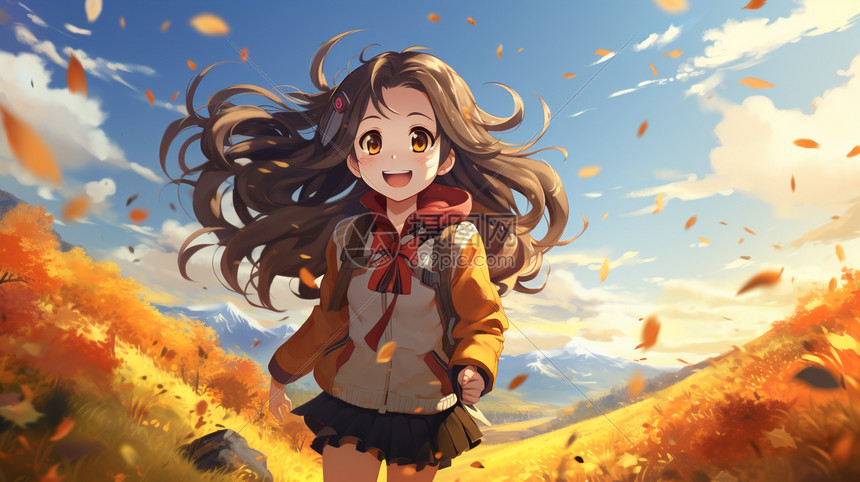 行走在秋天草原上的少女图片
