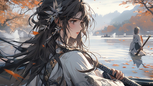 蓝天白云湖水持剑的古装美少女插画
