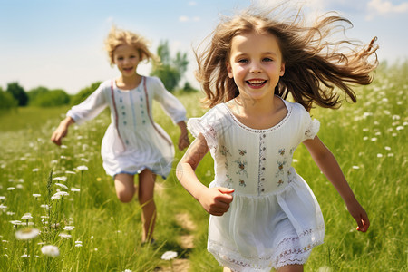 女孩在绿草地中奔跑图片
