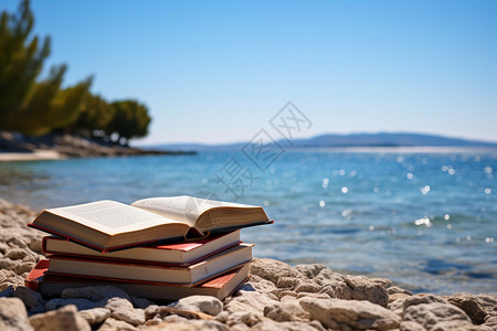 海边放了几本书本背景图片